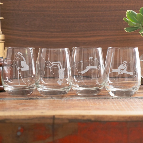 Classic Ski Tricks Glasses Set of 4 | Personalized Engraved Beer, Cocktail, Whiskey, Wine Glassware, Vintage Skiing Mountain Cabin Gift.