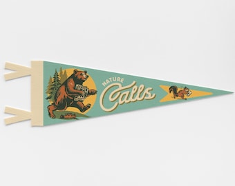 Nature Calls Pennant | Funny Kids Camping Decor, Bear & Squirrel Wall Art, Woodland Bathroom Decor, Outdoor Adventure Camp Pennant