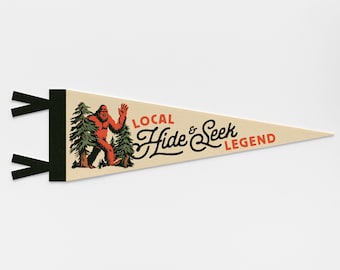 Local Hide & Seek Legend Bigfoot Pennant | Kids Camping Decor, Sasquatch Wall Art, Woodland Nursery, Outdoor Adventure Camp Decor