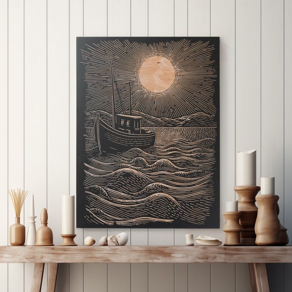 Fishing Boat Engraved Wood Panel | Block Print Inspired Nautical Wall Art, Rustic Cottage Illustration Home Decor, Beach House Print Gift