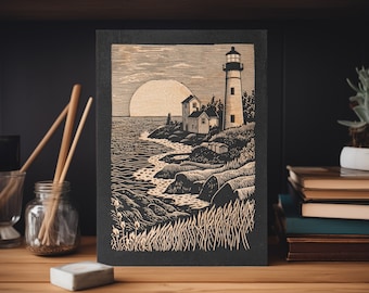 Lighthouse Mini Engraved Wood Panel | Block Print Style Nautical Wall Art, Boating Illustration Cottage Home Decor, Beach House Print Gift