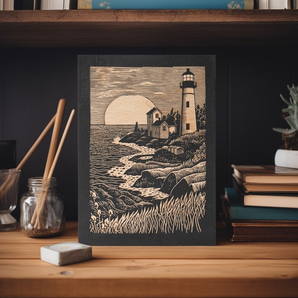 Lighthouse Mini Engraved Wood Panel | Block Print Style Nautical Wall Art, Boating Illustration Cottage Home Decor, Beach House Print Gift