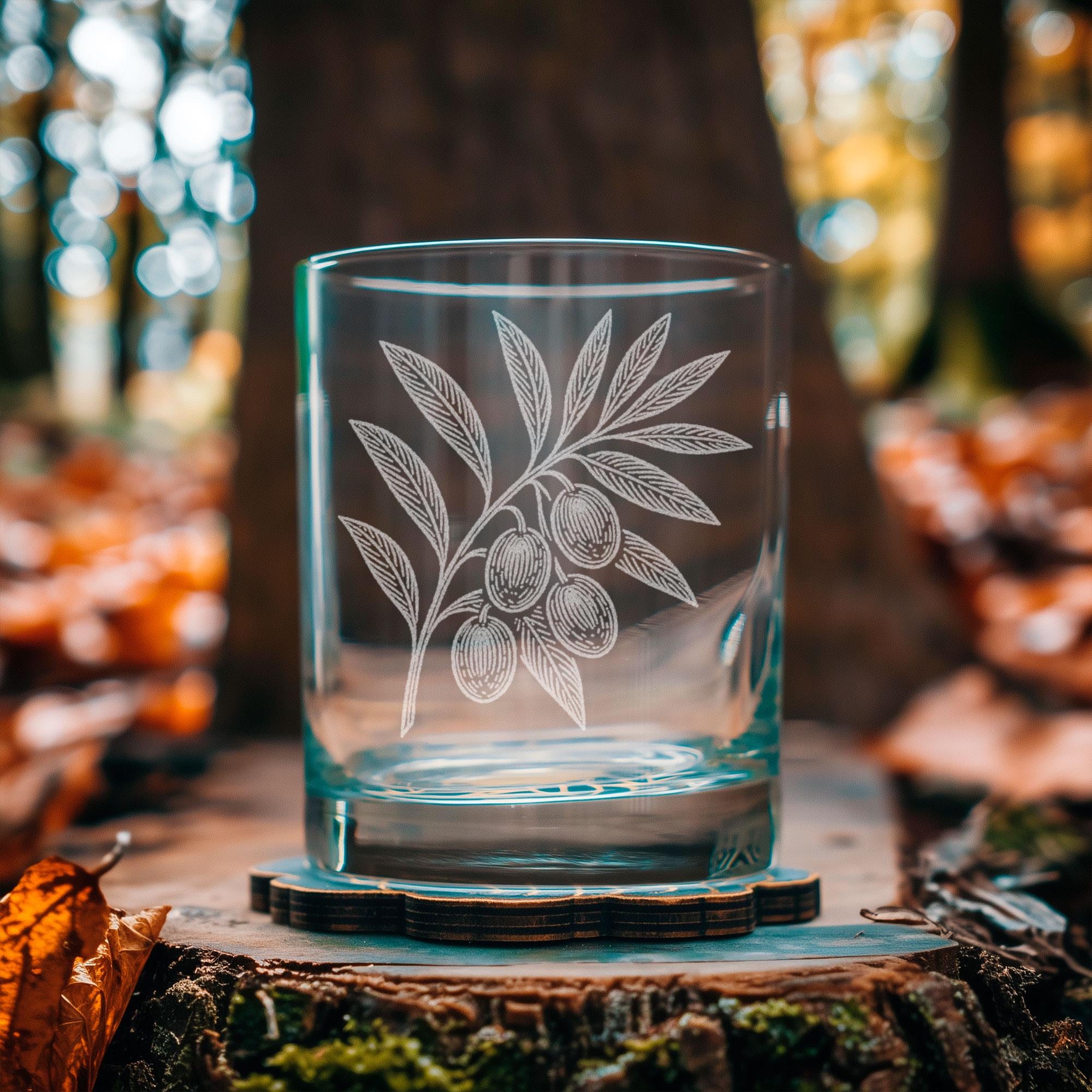 Olive Branch Glass | Laser Etched Botanical Barware | Engraved
