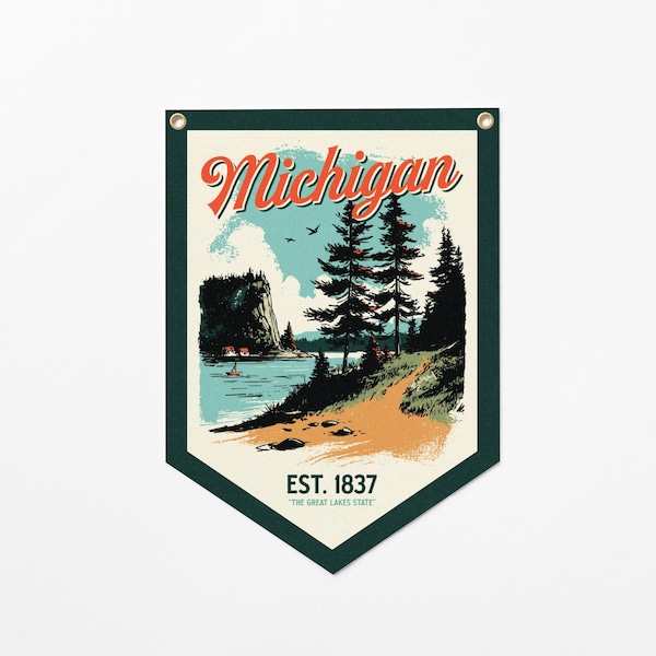 Michigan Felt Camp Flag | Vintage State Banner, Great Lakes State Wall Decor, Lakeshore Travel Gift Made in USA
