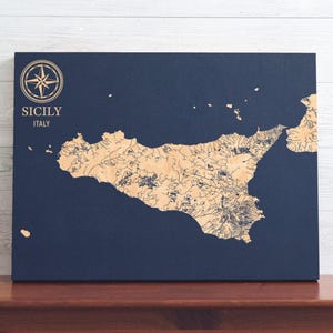 Sicily, Italy Map | Engraved Wood Coastal Chart Wall Art Sign, Beach Home Decor Nautical Italian Print, Unique Personalized Family Gift