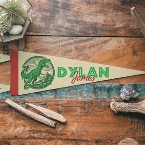 Custom Name Sign Felt Jurassic Pennant | Personalized dinosaur prehistoric world banner flag, kids & Nursery Wall Art, Boys Girls decor gift