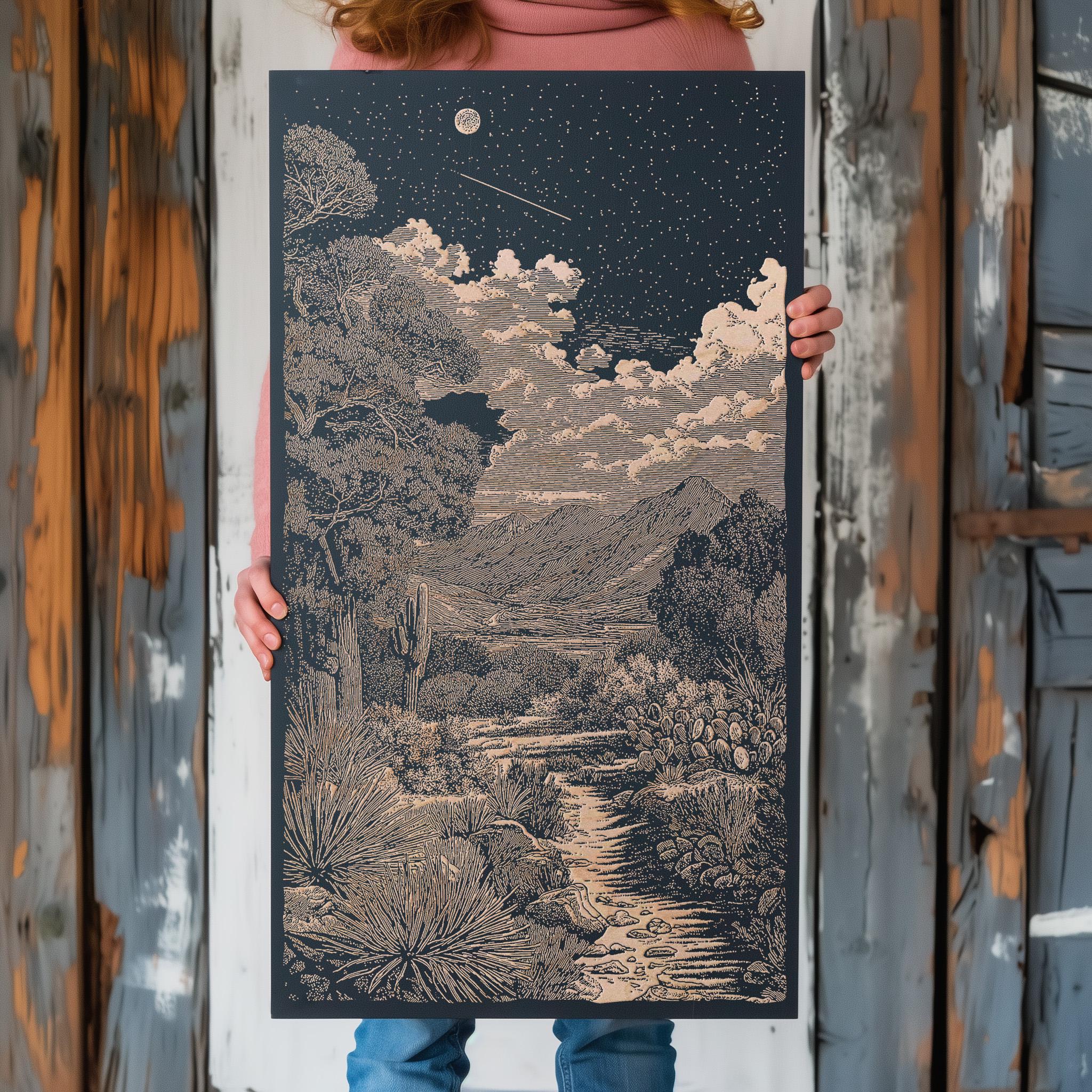 Desert Night Sky Engraved Birch Wood Panel | Arizona Landscape