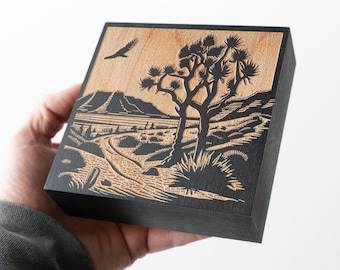 Joshua Tree Scene Engraved Birch Wood Panel | Block Print Style Nature Lover Wall Art, Desert Landscape Print, Country Home Gift.