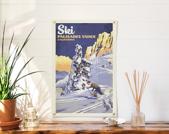 Ski Palisades Tahoe California Felt Poster Banner | Vintage ski mountain wall art gift. Camp flag pennant home decor. USA Handmade