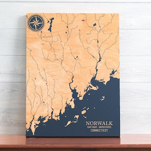 Norwalk, Conneticut Karte | "Graviertes Holz Küsten Wand Kunst Zeichen, Strand Haus Wohnkultur nautischen Druck, einzigartiges personalisiertes Geschenk für die Familie