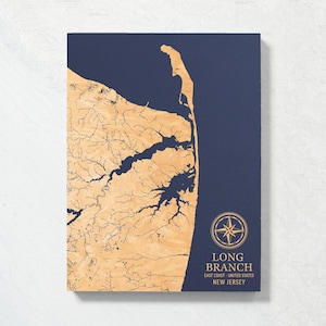 Lange Zweig, New Jersey Map | "Graviertes Holz Küstenkarte Wand Kunst Zeichen, Strand Wohnkultur nautischen Druck, einzigartiges personalisiertes Geschenk für die Familie
