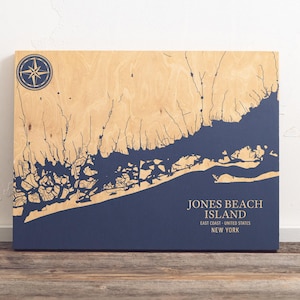 Jones Beach Insel, New York Karte | "Graviertes Holz Küstenkarte Wand Kunst Zeichen Strand Wohnkultur nautischen Druck Einzigartiges personalisiertes Geschenk für die Familie