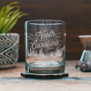 North Carolina State Engraved Glasses | Personalized landscape etched glassware for beer, whiskey, wine and cocktails. Home decor & gift.