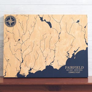 Fairfield, Conneticut Karte | "Graviertes Holz Küsten Wand Kunst Zeichen, Strand Haus Wohnkultur nautischen Druck, einzigartiges personalisiertes Geschenk für die Familie