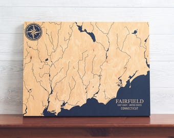 Fairfield, Connecticut Map | Engraved Wood Coastal Wall Art Sign, Beach House Home Decor Nautical Print, Unique Personalized Family Gift