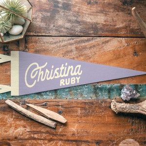 Personalized Heritage Name Sign Felt Pennant Custom Bold vintage style banner flag, kids & Nursery Wall Art, Boys Girls home decor gift Lilac & Cream