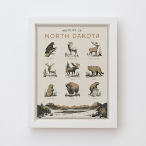North Dakota Wildlife Wall Art Print - Vintage animal poster design, archival quality matte fine art print. Outdoor, state gift.