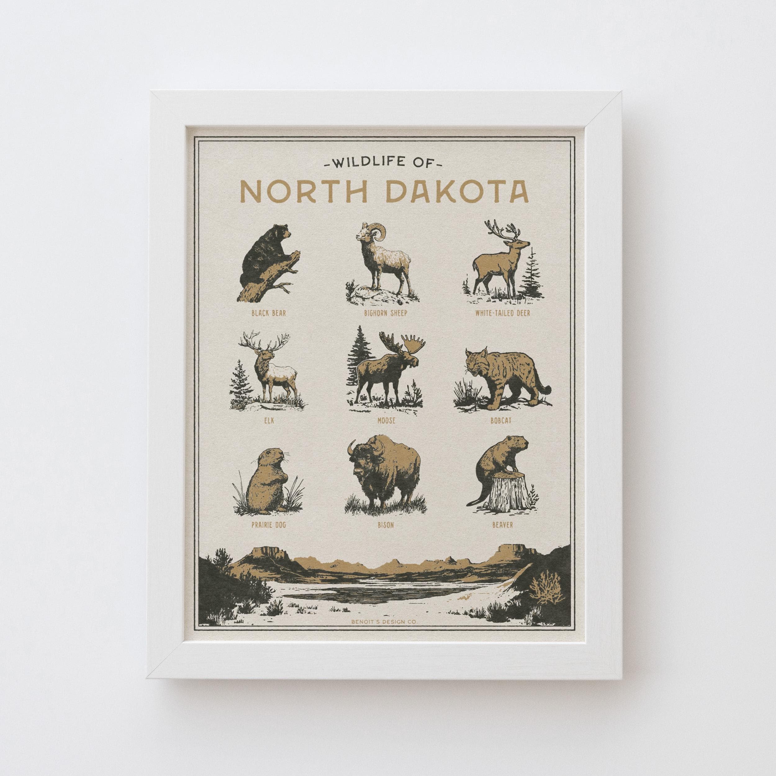 North Dakota Wildlife Wall Art Print - Vintage animal poster design, archival quality matte fine art print. Outdoor, state gift.