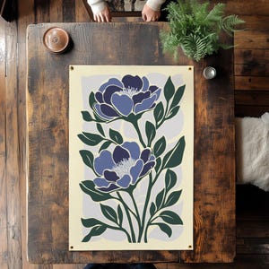 Faixa de feltro com estampas florais em tons de inverno | Arte de parede azul e verde, estampa floral, arte de parede em grande escala, presentes estilo boho, decoração de jardim para casa