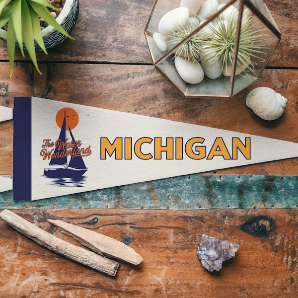 Michigan State Felt Pennant | Great Lakes state pride banner wall art, Vintage style Water Wonderland camp flag, home decor, USA-made gift