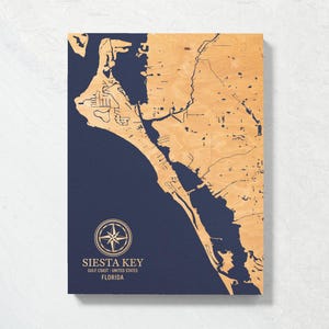 Kaart Siesta Key, Florida | Gegraveerd houten bord kustkunst, strandhuisdecor muurhanger, nautische print, uniek gepersonaliseerd familiecadeau
