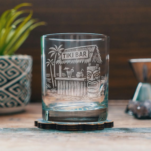Tiki Bar Glasses | Laser Etched Tropical Barware, Engraved Gift