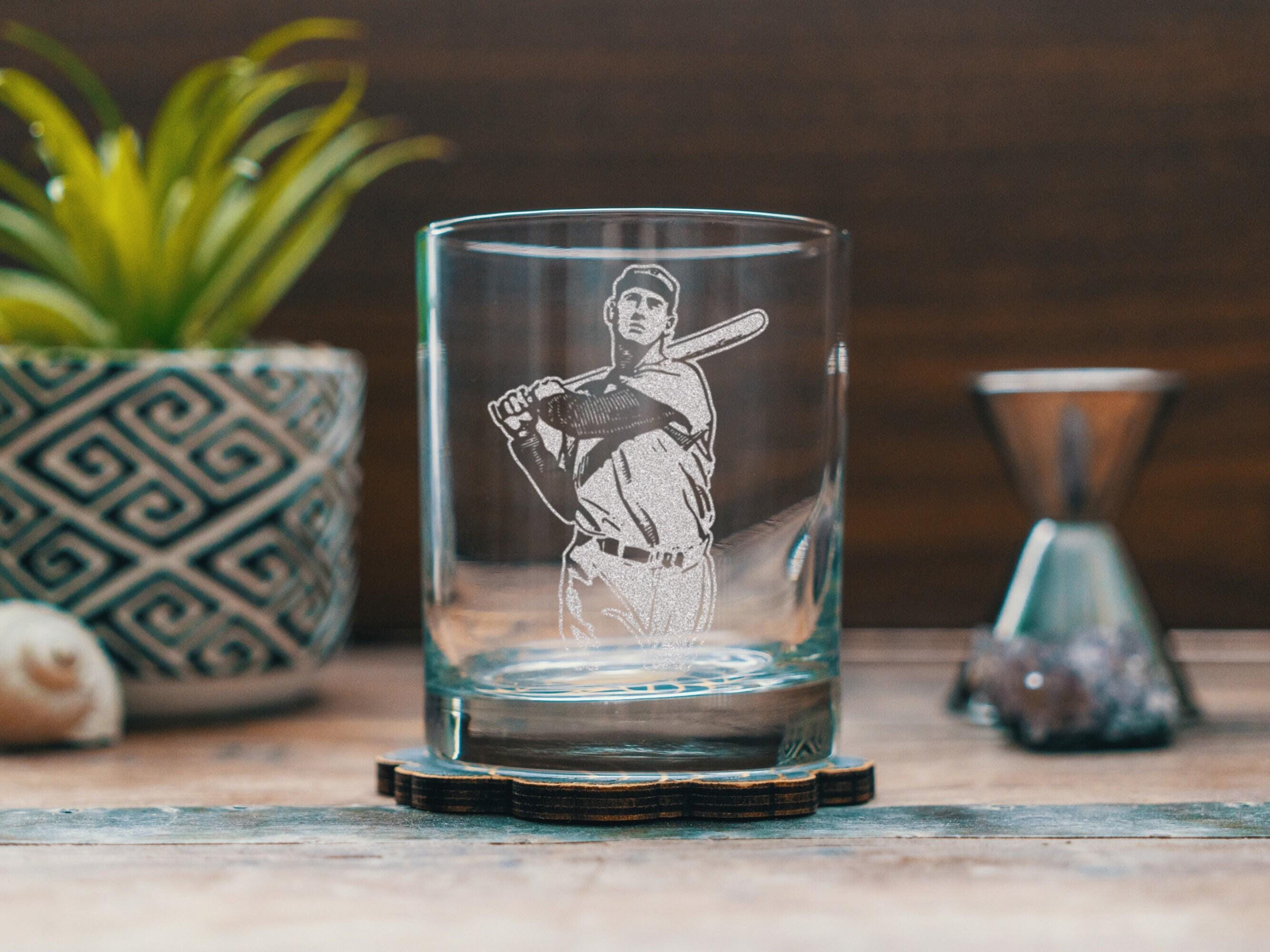 Custom Baseball Batters Up Engraved Glasses | Personalized sport etched glassware for beer, whiskey, wine and cocktails. Home decor & gift.