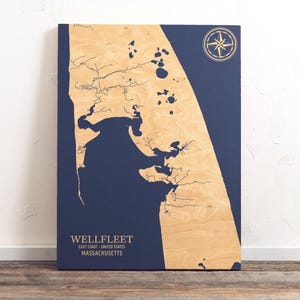 Kaart Wellfleet Harbor, Massachusetts | Gegraveerde houten kustkaart kunst aan de muur, woondecoratie strandhuis nautische print, gepersonaliseerd cadeau
