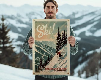 Ski Palisades Tahoe California Felt Poster Banner | Teal Vintage ski poster. Gift for skiers. Mountain wall art. Home Decor. USA Handmade