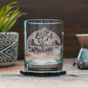 Joshua Tree Cactus Scene Glasses | Personalized etched glassware for beer, whiskey, wine & cocktails. Western Desert, Southwestern Decor.