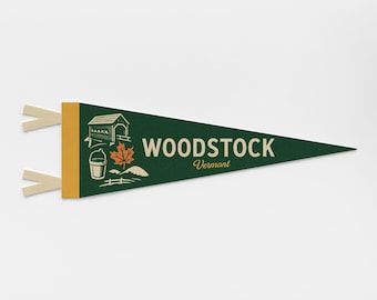 Woodstock Vermont Felt Pennant | Green mountain town banner poster. Vintage inspired city & state pride flag home decor. Travel gift USA