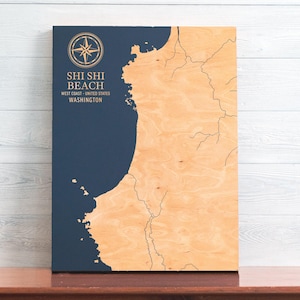 Kaart Shi Shi Beach, Washington | Gegraveerde houten kustkaart kunst aan de muur, decor strandhuisdecoratie nautische print, uniek gepersonaliseerd familiecadeau
