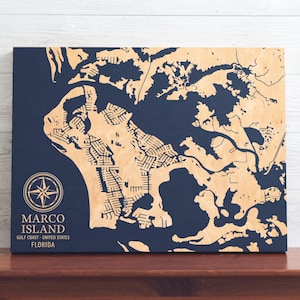 Mapa Marco Island, Floryda | Grawerowany drewniany znak ścienny Coastal, dekoracja domu Beach House w stylu marynistycznym, wyjątkowy spersonalizowany prezent rodzinny