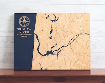 Siuslaw River, Oregon Map | Engraved Wood Coastal Chart Wall Art Sign, Beach Home Decor Nautical Print, Unique Personalized Family Gift