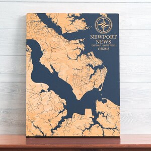 Newport News, Virginia Karte | "Graviertes Holz Küstenkarte Wand Kunst Zeichen, Strand Wohnkultur nautischen Druck, einzigartiges personalisiertes Geschenk für die Familie