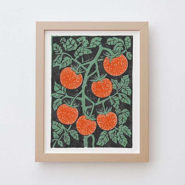 Tomato Vine Art Print - Vintage inspired plant linocut block print style poster, archival fine art print. Cute garden folk art gift.