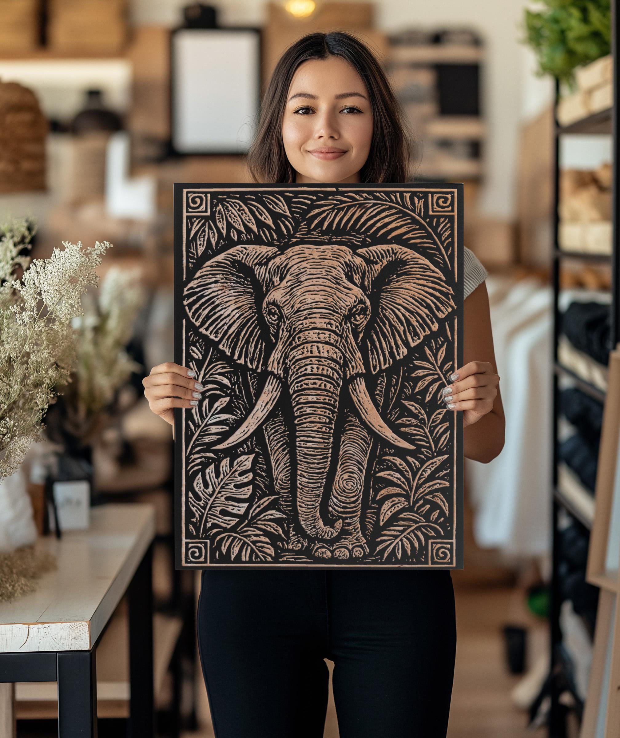 Elephant in the Jungle Engraved Illustration : Safari Inspired Birch ...