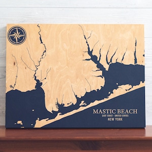 Mastic Beach, New York - Mappa/Carta costiera incisa su legno, decorazione da parete per la casa, stampa nautica, regalo personalizzato unico per la famiglia