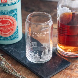 San Francisco, California City Skyline Beer Can Engraved Glass | Hometown etched glassware for craft beer lovers. Housewarming gift