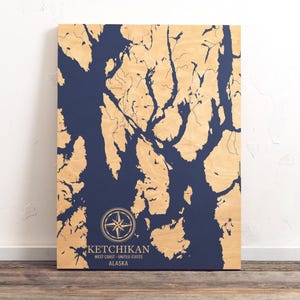 Mappa di Ketchikan, Alaska / Insegna artistica costiera in legno incisa, decorazione da parete per casa sulla spiaggia, stampa di vita nautica, regalo unico e personalizzato per la famiglia