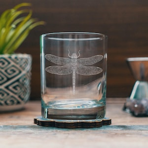 Dragon Fly Glasses | Personalized Engraved Beer, Cocktail, Whiskey, Wine glassware. Boho Nature lover gift. Rustic Cabin barware home decor.