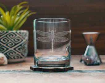 Dragon Fly Glasses | Personalized Engraved Beer, Cocktail, Whiskey, Wine glassware. Boho Nature lover gift. Rustic Cabin barware home decor.