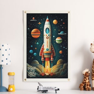 Personalized Name Space Rocket Felt Poster | Custom vintage style banner, kids room decor, Nursery Wall Art, Boys & Girls home decor gift