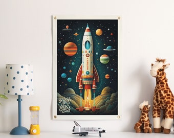 Personalized Name Space Rocket Felt Poster | Custom vintage style banner, kids room decor, Nursery Wall Art, Boys & Girls home decor gift