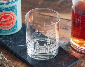 Glasgow, Scotland City Skyline Engraved Glass | Hometown Pride Glassware, Whiskey Rocks Wine & Beer Barware, Travel Special Trip Gift