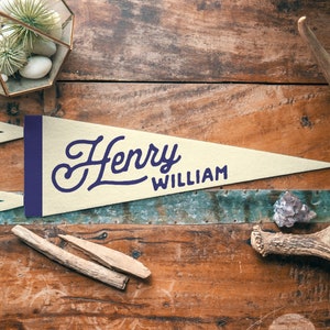 Personalized Heritage Name Sign Felt Pennant Custom Neutral vintage style banner flag, kids & Nursery Wall Art, Boys Girls home decor gift Cream & Blue