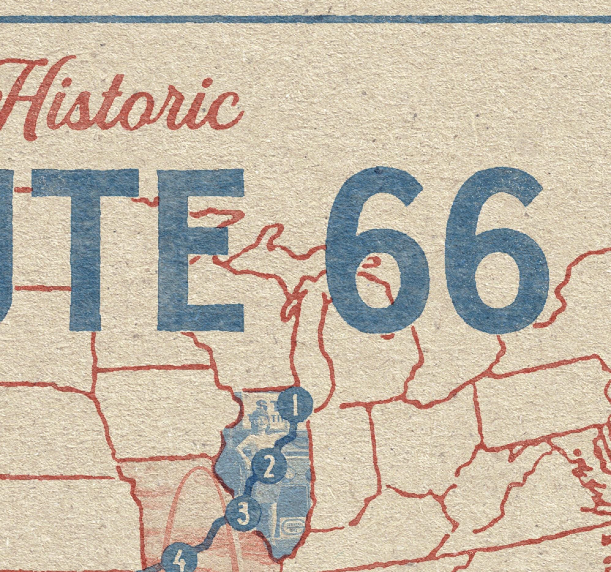 Route 66 Map Art Print - Vintage Road Trip Wall Decor, Americana Travel ...