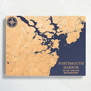 Hafen von Portsmouth, New Hampshire Karte | "Graviertes hölzernes Küstenkarten-Wand-Kunst-Zeichen, Strand-Wohnkultur-nautischer Druck, personifiziertes Familiengeschenk."