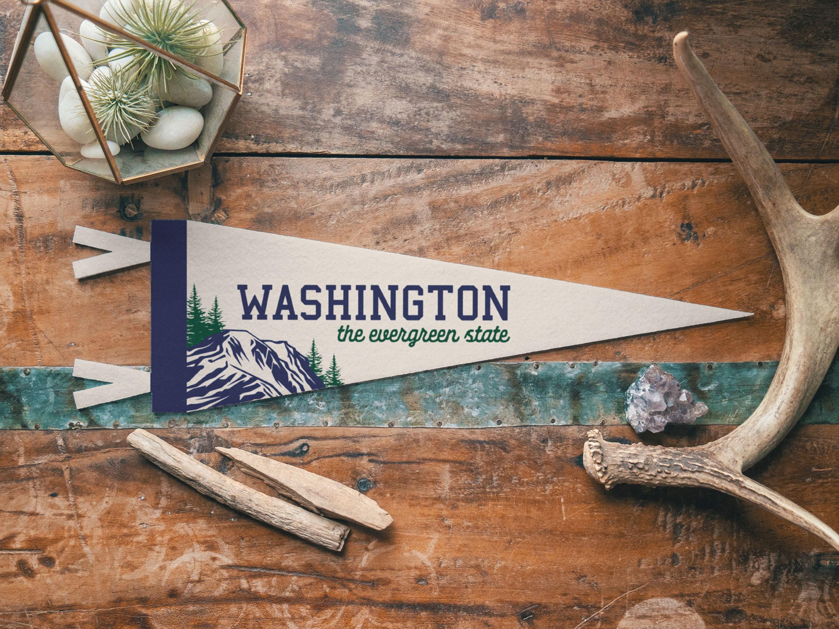 Washington State Felt Pennant | Evergreen State banner poster. Vintage typography Mountain flag pennant home decor. USA Handmade