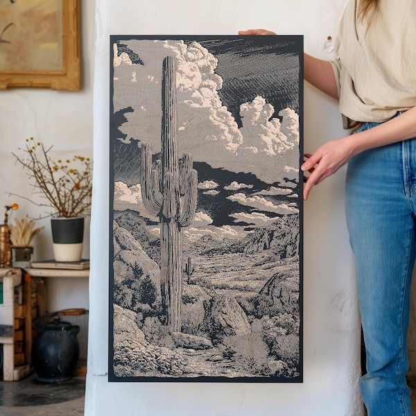 Panel de madera de abedul grabado con cactus saguaro en el desierto de Sonora / Arte mural con paisaje de Arizona, ilustración de la naturaleza, regalo de decoración del hogar del suroeste